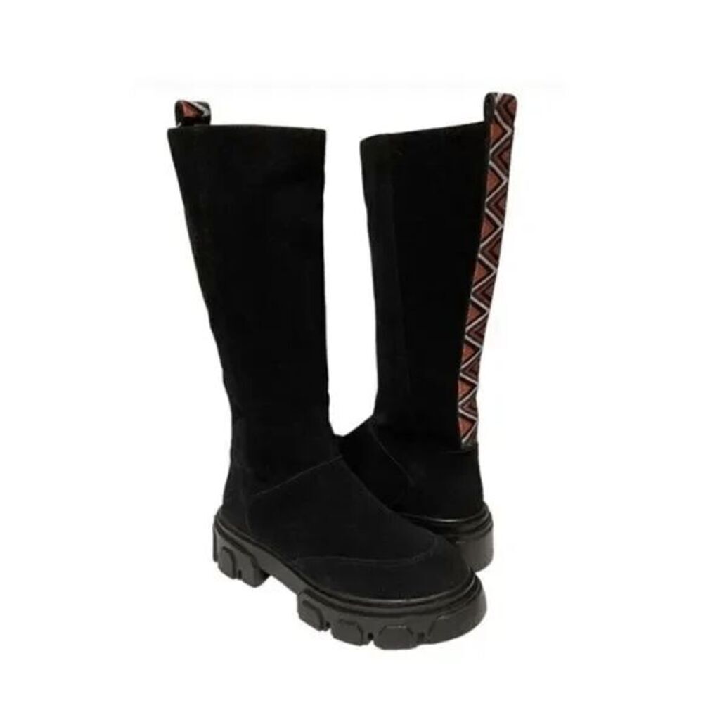 FARM Rio Black Suede Combat Moto Boots with Red Accent Trim